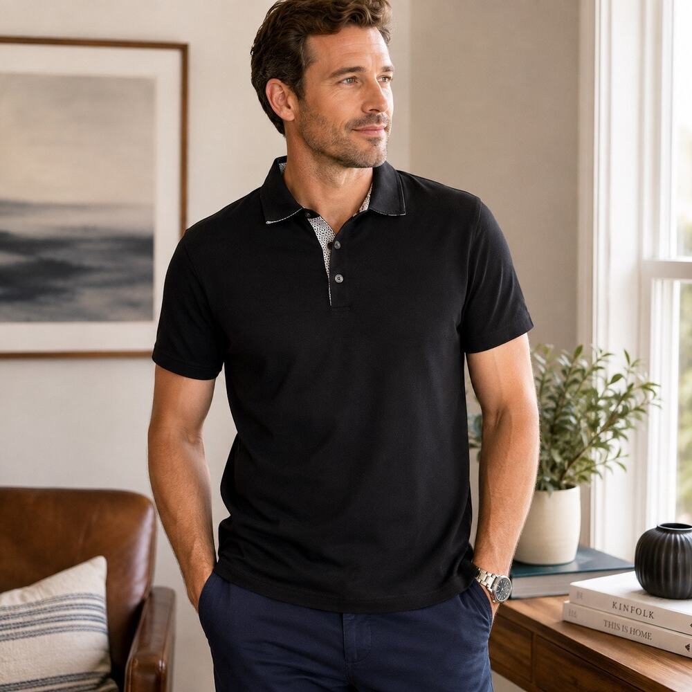 Michael Kors Polo Shirt Mens Medium Black Cotton Contrast Trim Short Sleeve